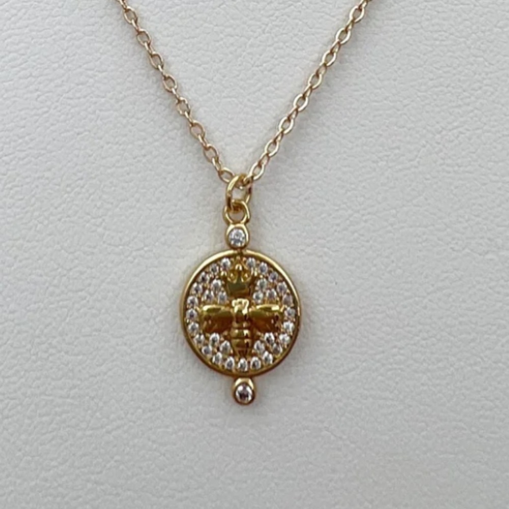18K Gold Filled Small Queen Bee CZ Pave Coin Necklace.  Adjustable to 16” or 18”